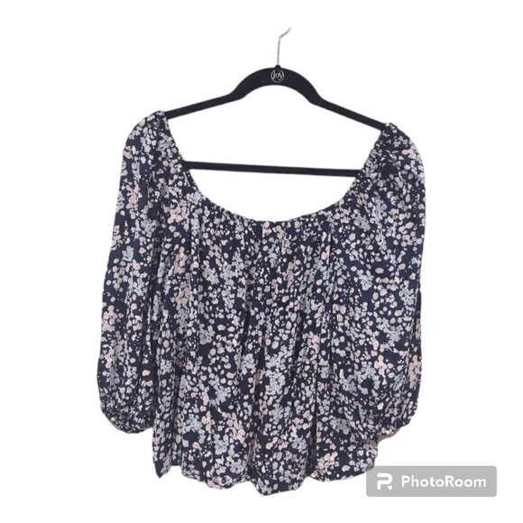 Women's Floral Long Sleeve Top Navy Off the Shoulder Style Size Medium - Picture 1 of 4